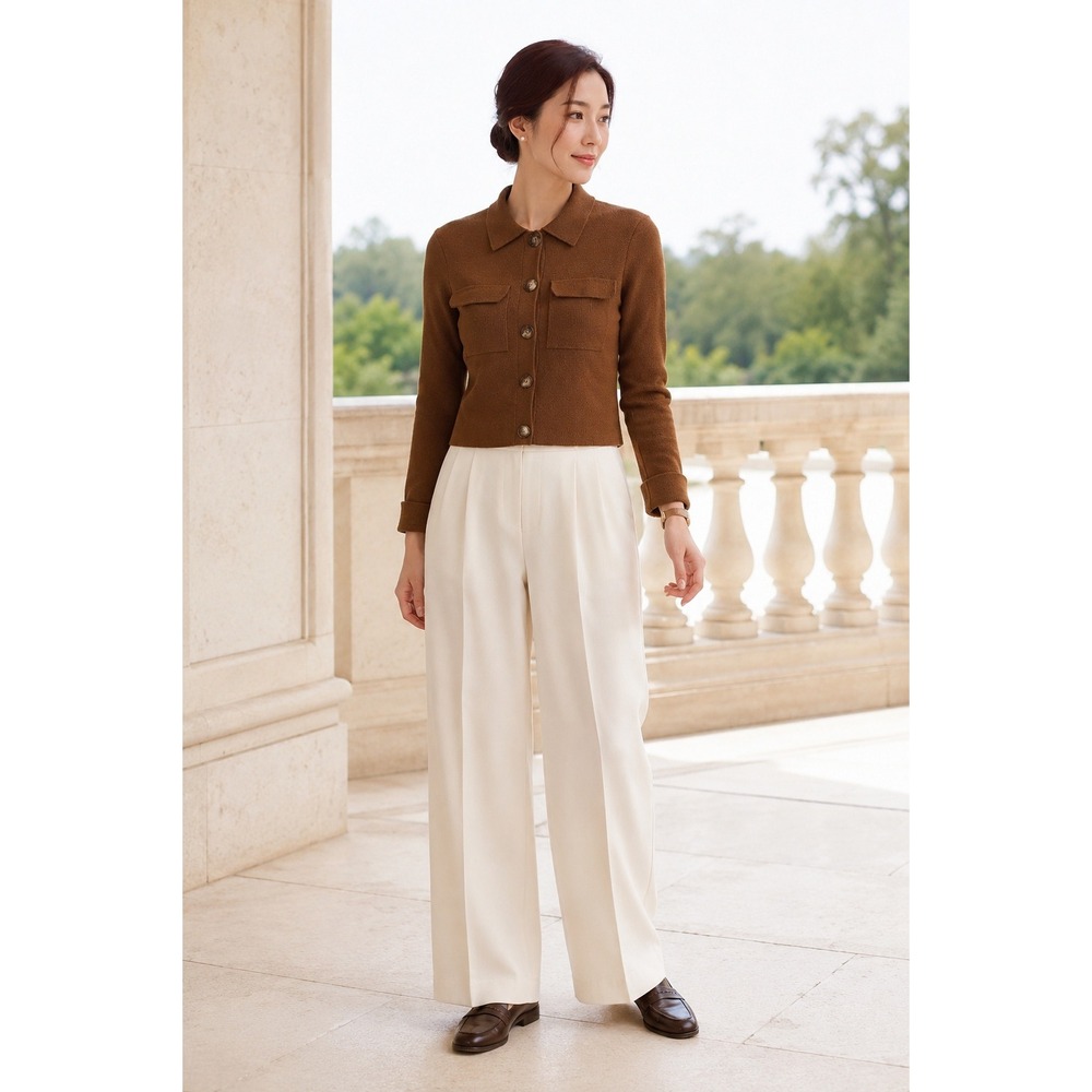 Old Money Sezane Betty HazelnutBrown MerinoWool PatchPockets L Cardigan Sweater